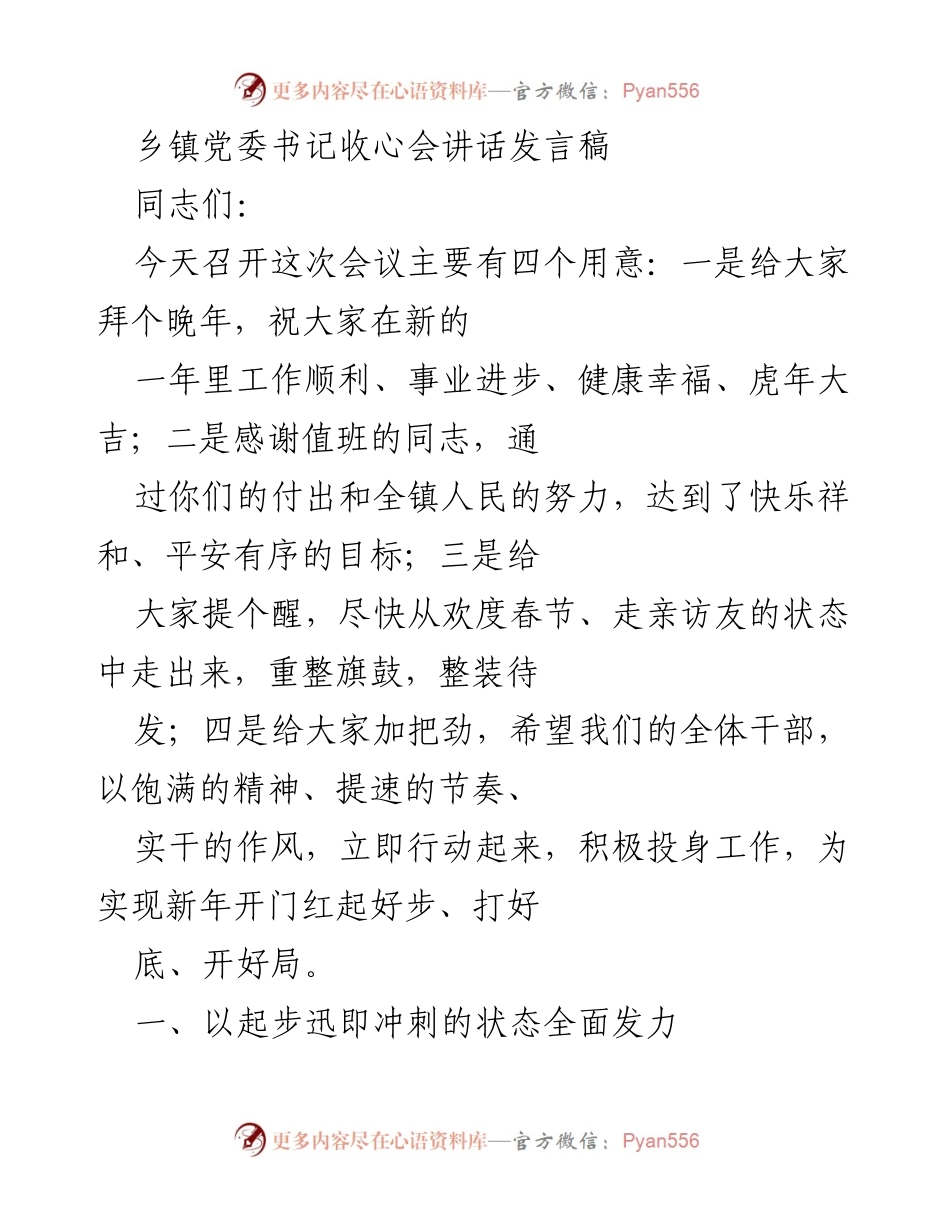 [发言] 乡镇党委书记收心会 - 新年开局，奋力实现工作新目标.docx_第1页