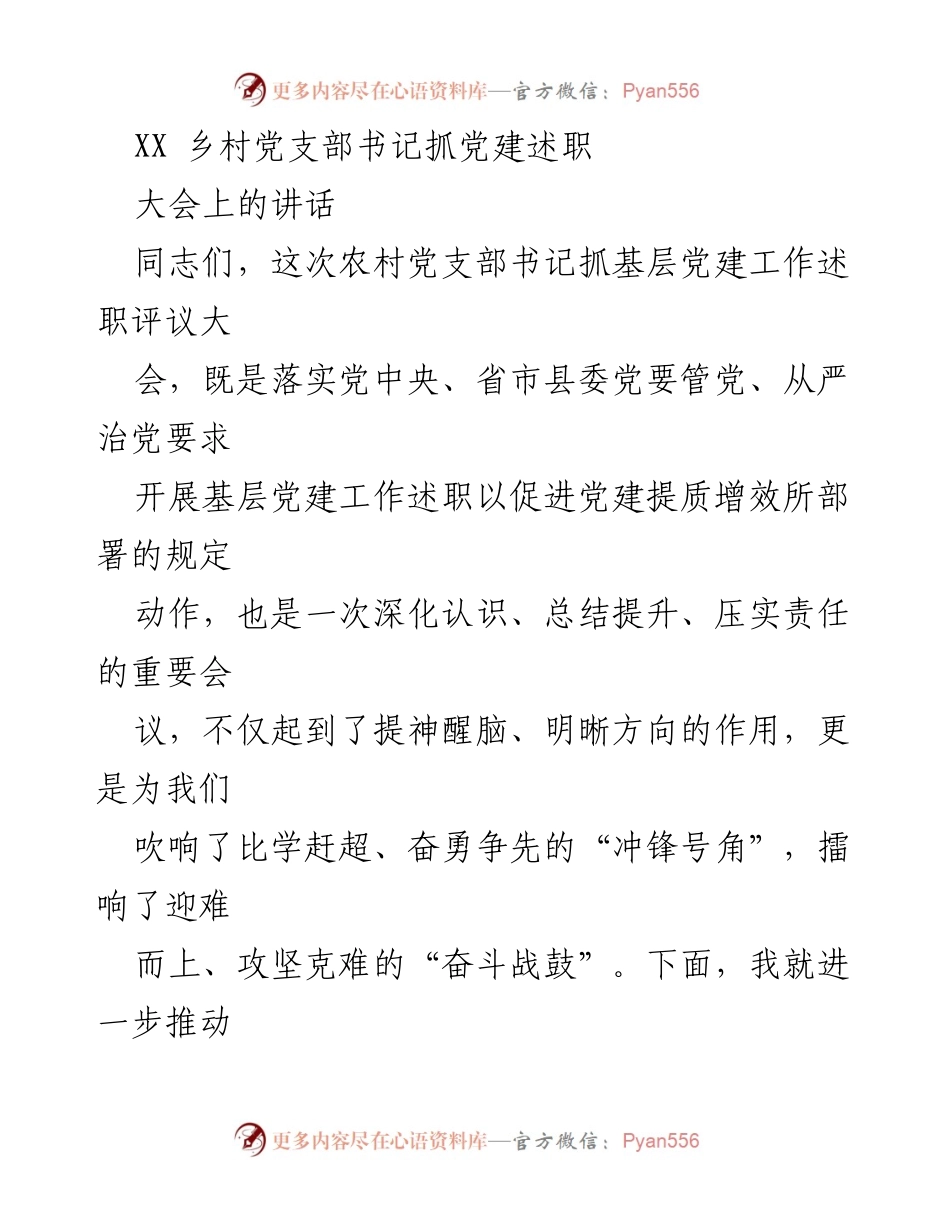 [发言] 乡村党支部书记抓党建述职评议大会 - 强化责任，推动基层党建工作提质增效.docx_第1页