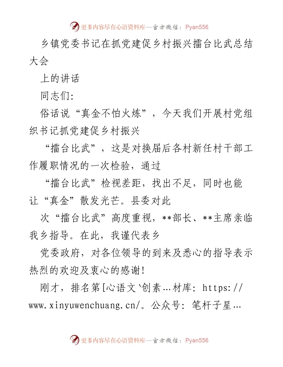 [发言] 乡镇党委书记抓党建促乡村振兴擂台比武总结大会 - 党建引领，提升乡村振兴新局面.docx_第1页