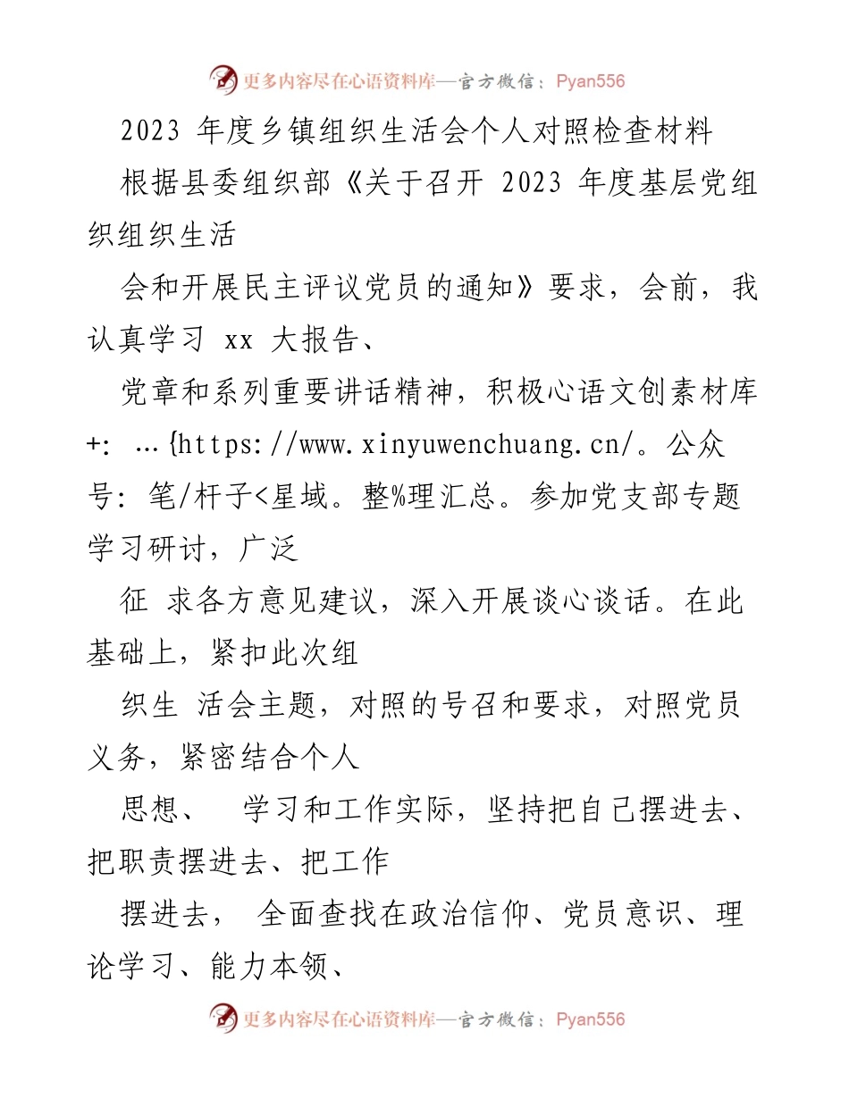 [发言] 乡镇组织生活会 - 2023年度乡镇党员个人对照检查材料分析.docx_第1页