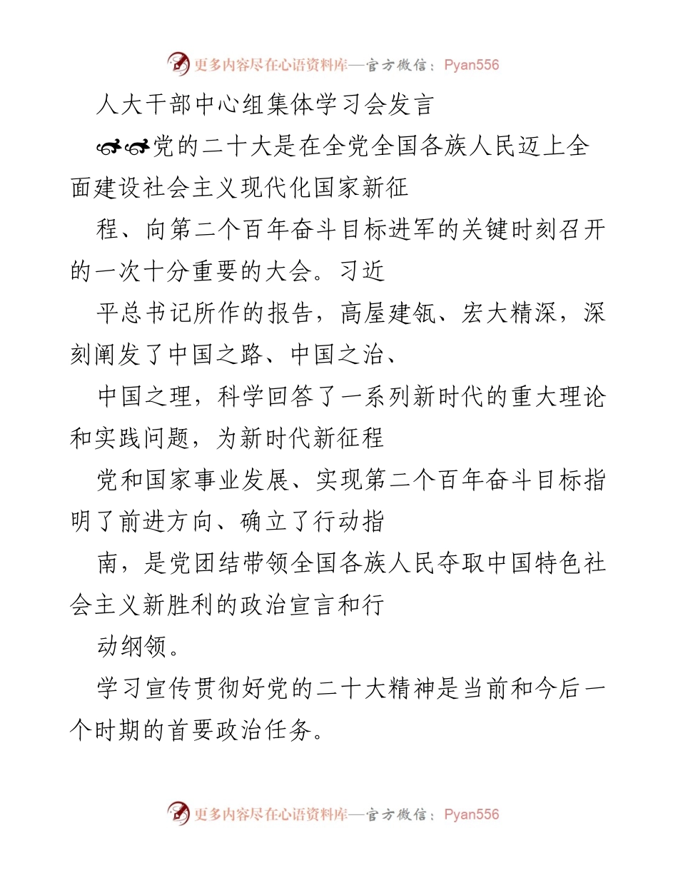 [发言] 人大干部中心组集体学习会 - 深入学习贯彻党的二十大精神，推动人大工作创新发展.docx_第1页