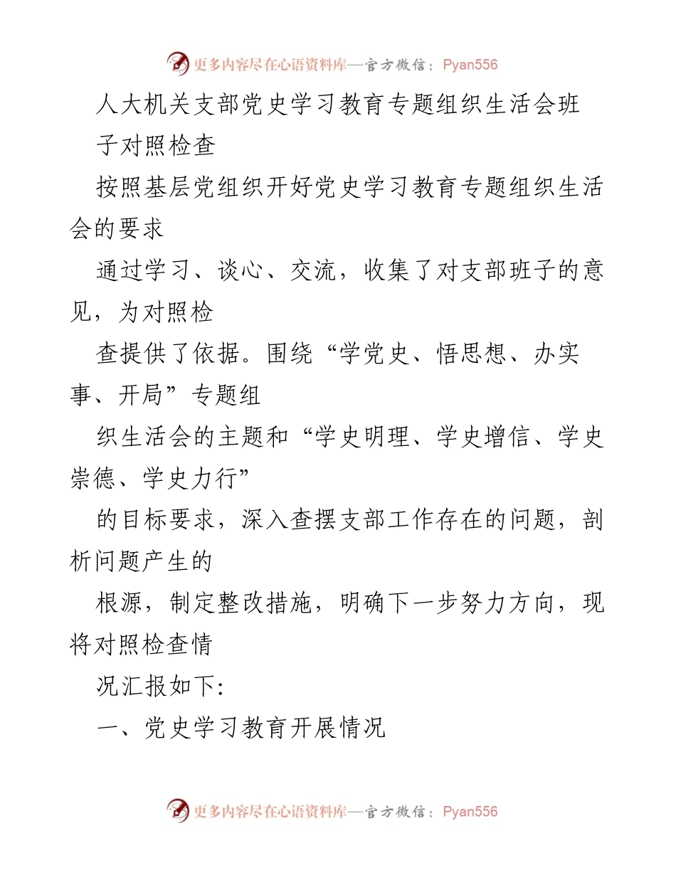 [发言] 人大机关支部党史学习教育专题组织生活会 - 人大机关党史学习教育对照检查汇报.docx_第1页