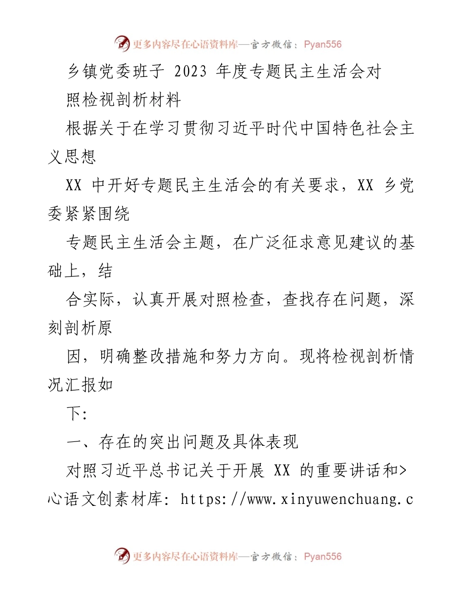 [发言] 乡镇党委专题民主生活会 - 2023年度乡镇党委班子专题民主生活会检视剖析报告.docx_第1页