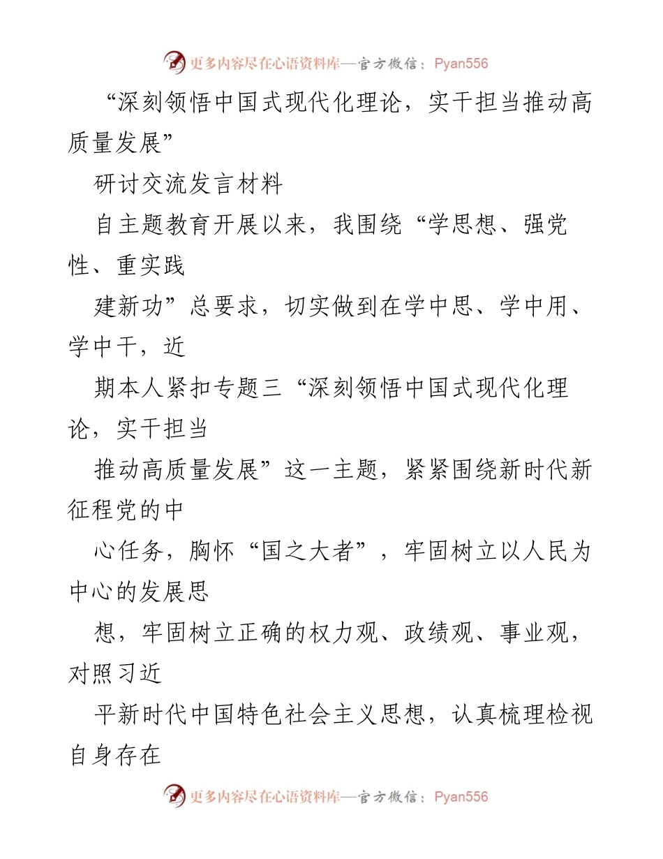 [发言] 主题教育研讨 - 深刻领悟中国式现代化理论，实干担当推动高质量发展.docx_第1页