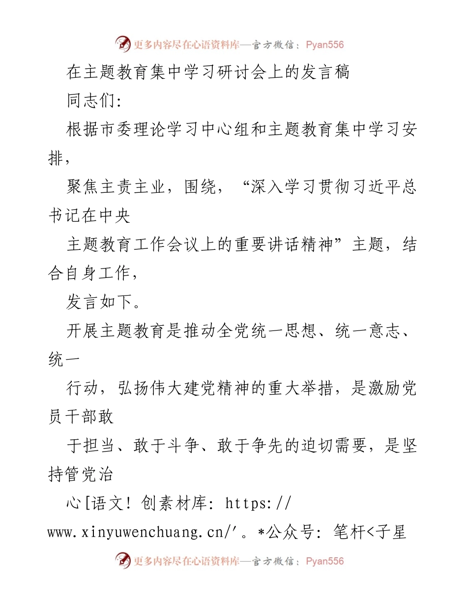 [发言] 主题教育集中学习研讨会 - 深入学习贯彻习近平总书记重要讲话精神的思考与实践.docx_第1页