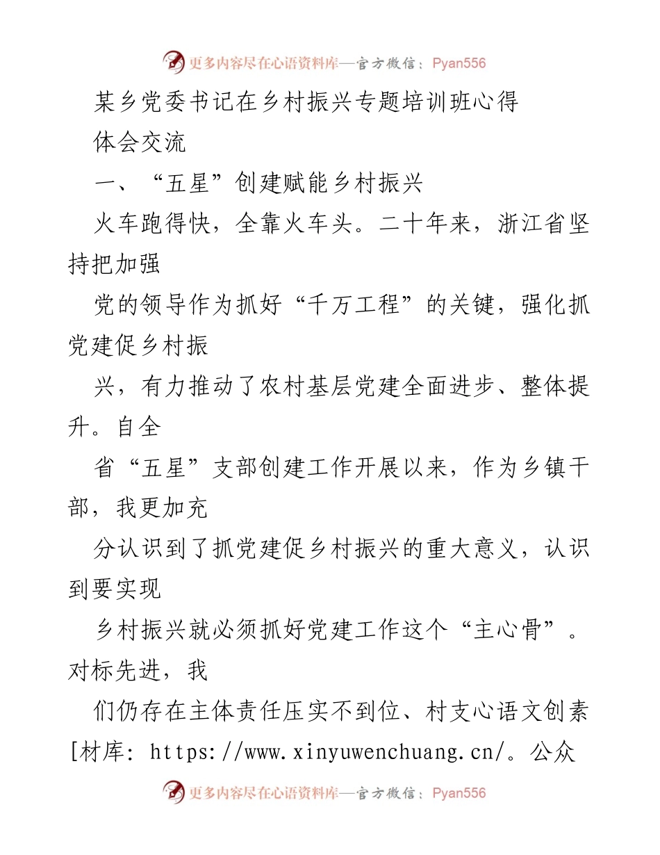 [发言] 乡村振兴专题培训班 - 党建引领乡村振兴的实践与思考.docx_第1页