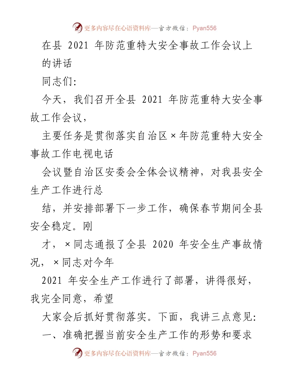 [发言] 会议 - 2021年防范重特大安全事故工作会议讲话.docx_第1页