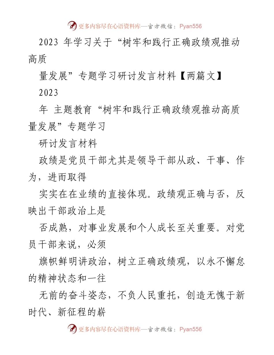 [发言] 主题教育研讨 - 树牢正确政绩观，推动高质量发展_1.docx_第1页