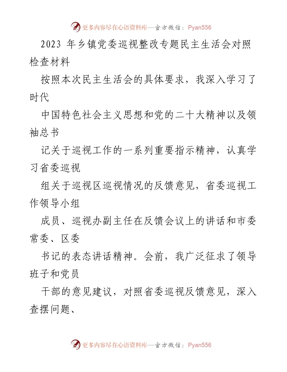 [发言] 乡镇党委巡视整改专题民主生活会 - 2023年乡镇党委巡视整改对照检查及问题剖析报告.docx_第1页