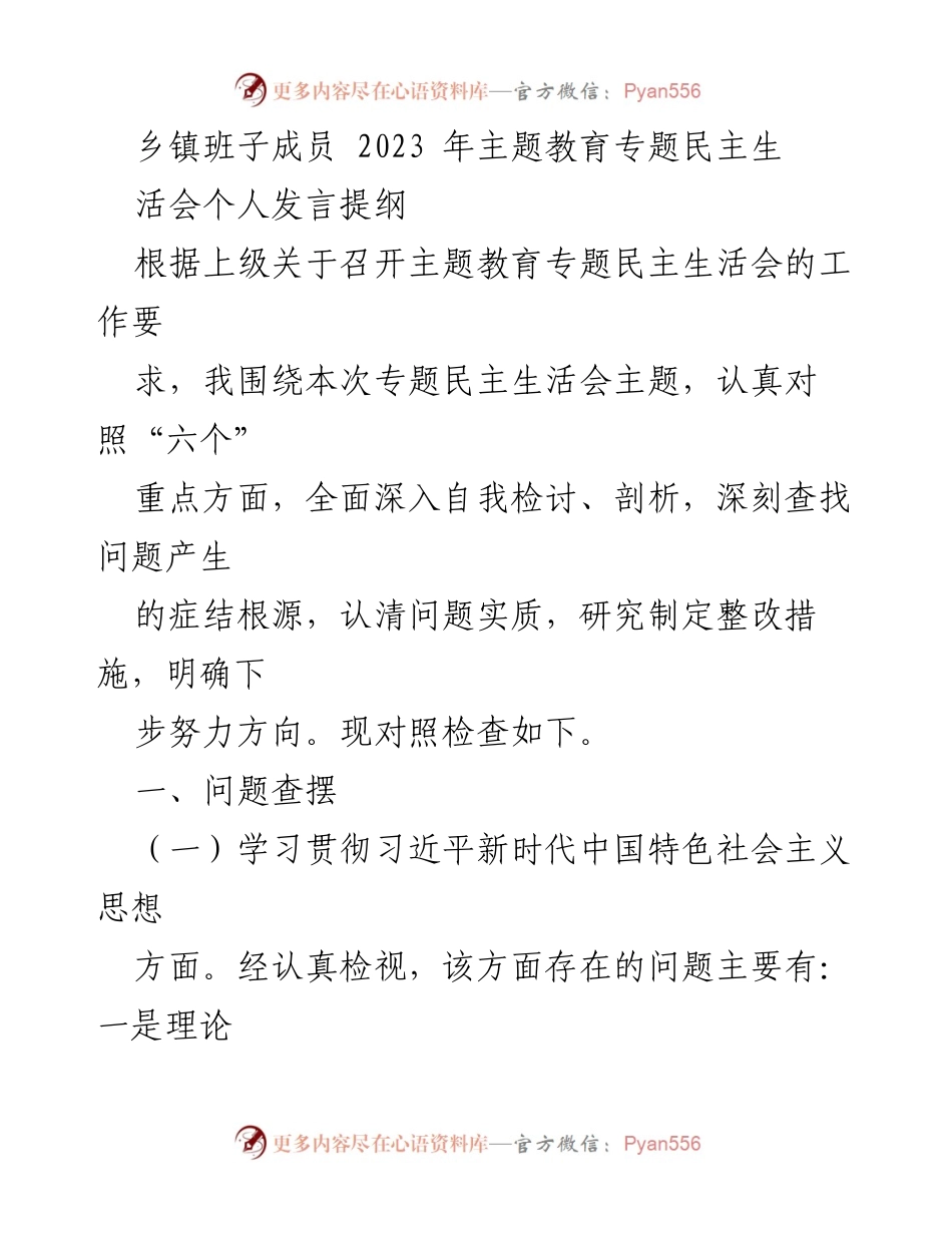 [发言] 乡镇班子成员主题教育专题民主生活会 - 深入自我检讨与整改措施研究.docx_第1页