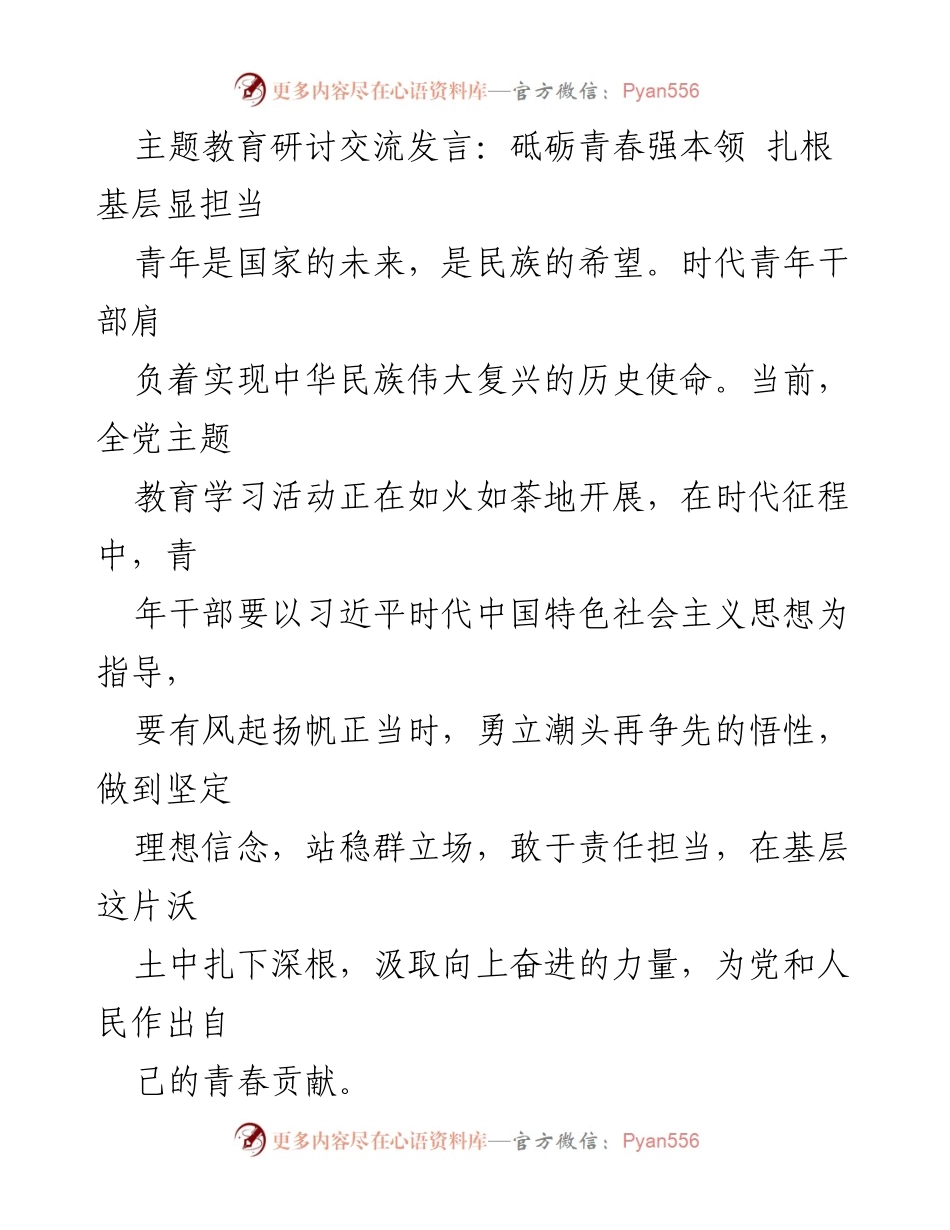 [发言] 主题教育研讨交流 - 青年干部的责任与担当：扎根基层、砥砺前行.docx_第1页