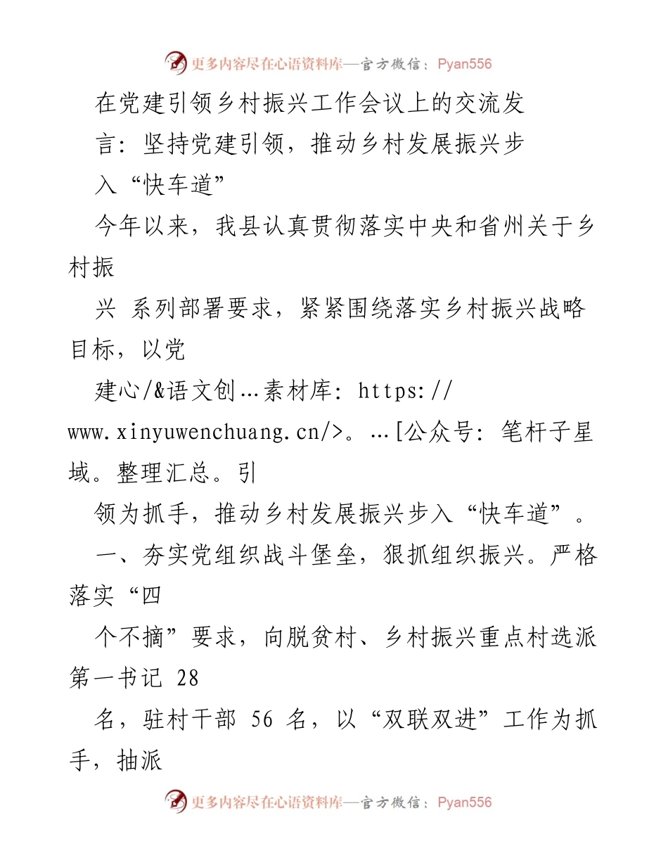 [发言] 乡村振兴工作会议 - 坚持党建引领，推动乡村振兴步入“快车道”.docx_第1页