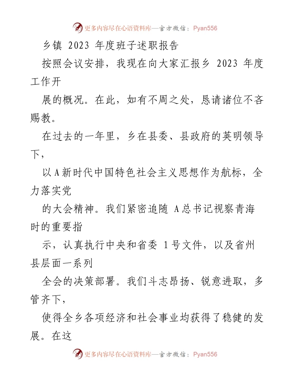 [发言] 乡镇年度工作总结会议 - 2023年度乡镇班子工作述职报告.docx_第1页
