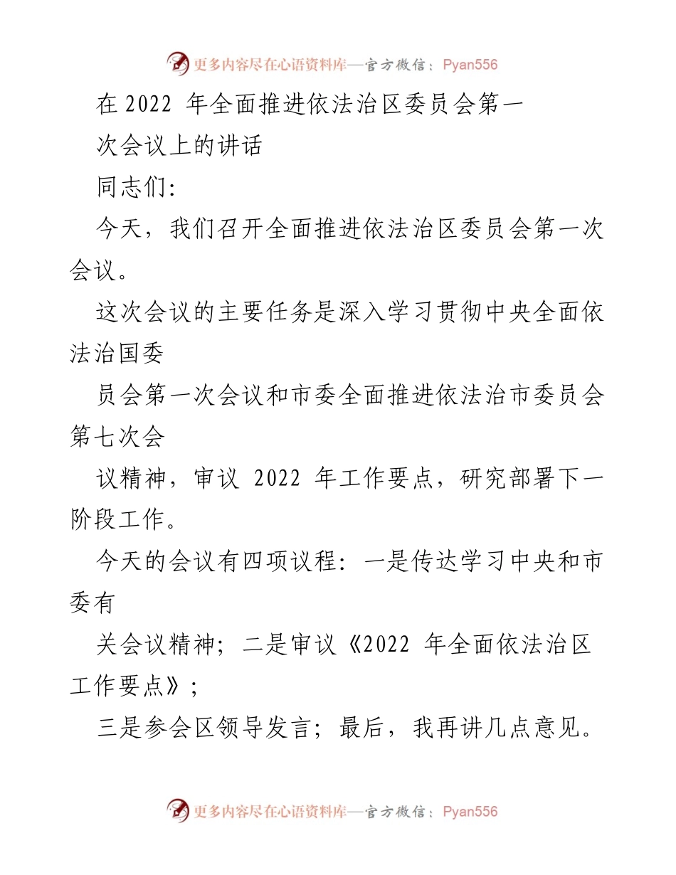 [发言] 会议 - 2022年全面推进依法治区委员会第一次会议讲话.docx_第1页