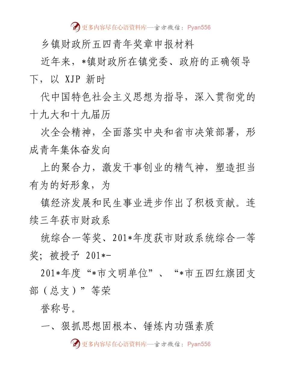 [发言] 乡镇财政所 - 乡镇财政所五四青年奖章申报材料总结.docx_第1页