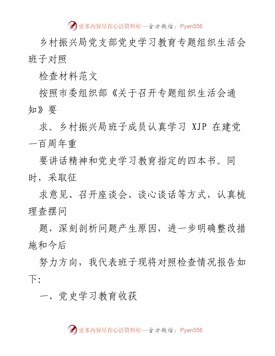 [发言] 乡村振兴局党支部 - 党史学习教育专题组织生活会对照检查报告.docx_第1页