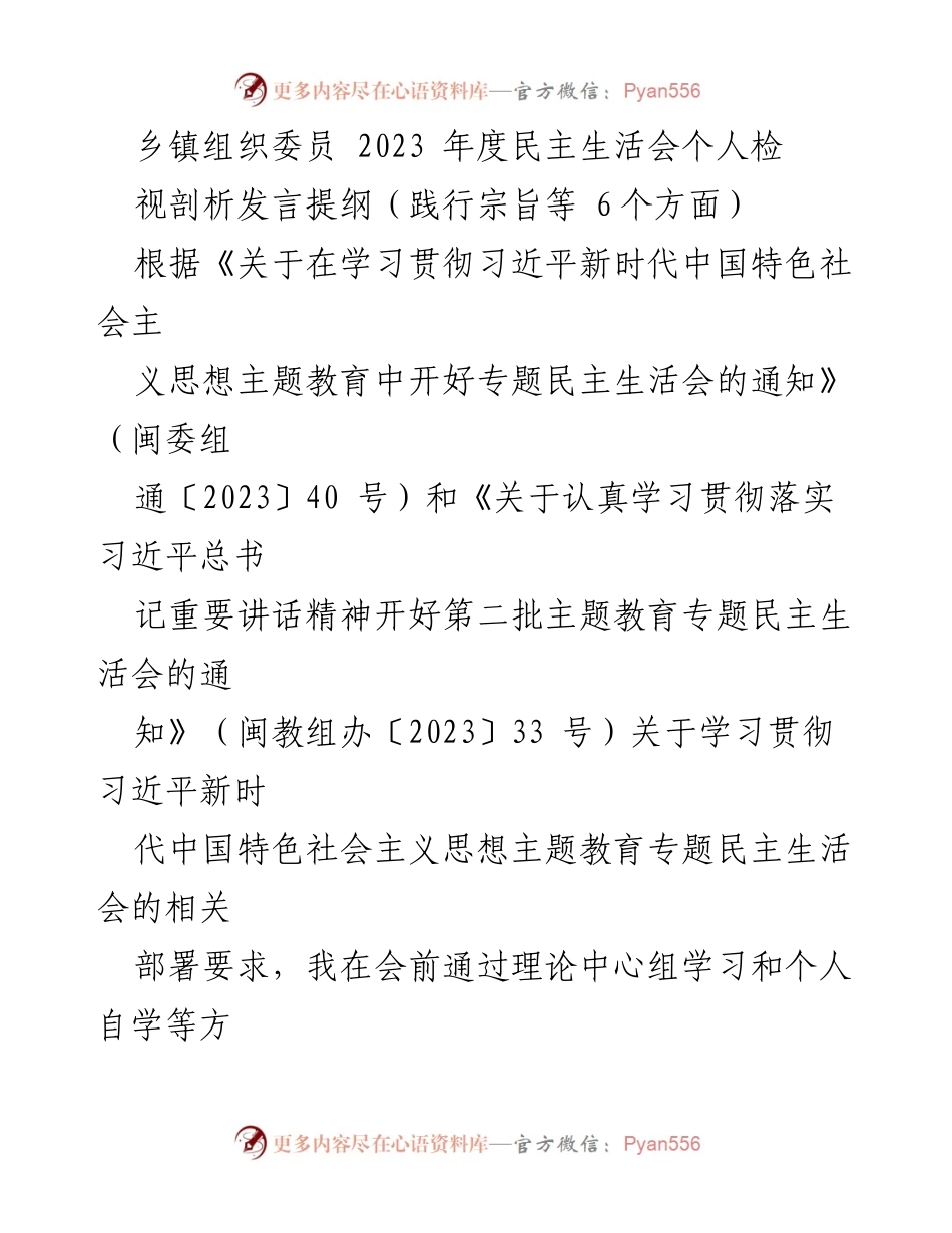 [发言] 乡镇组织委员年度民主生活会 - 2023年度民主生活会个人检视剖析发言提纲.docx_第1页