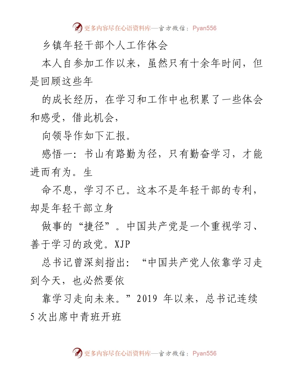 [发言] 乡镇年轻干部工作总结 - 年轻干部成长与实践体会.docx_第1页