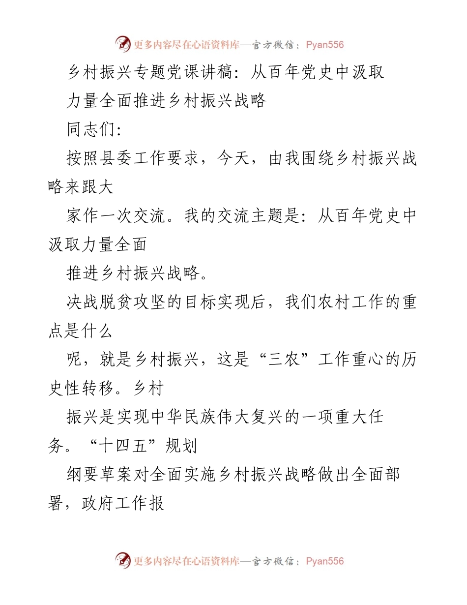 [发言] 乡村振兴专题党课 - 从百年党史汲取力量推动乡村振兴战略.docx_第1页
