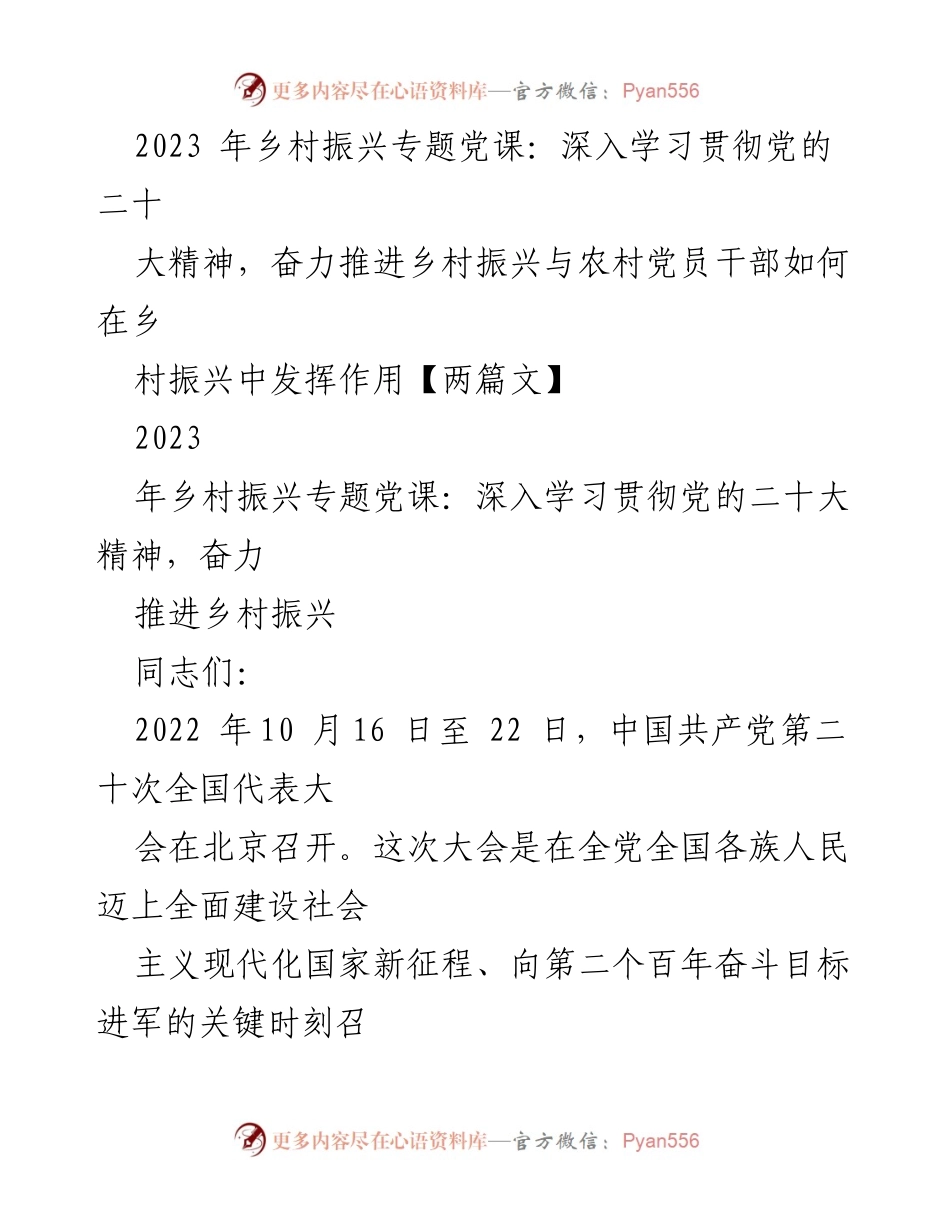 [发言] 乡村振兴专题党课 - 深入学习党的二十大精神，推动乡村振兴行动.docx_第1页