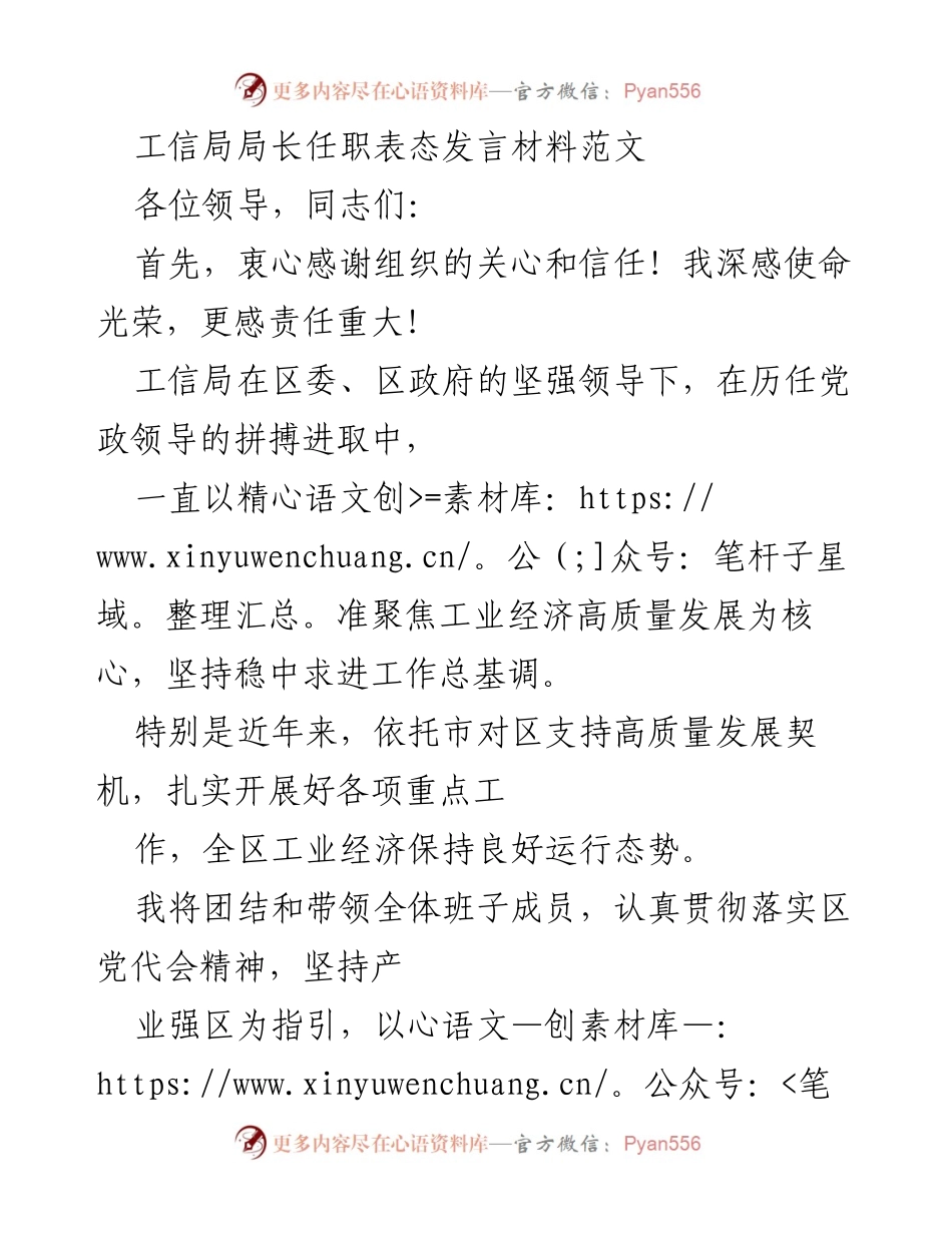 [发言] 任职表态 - 工信局局长任职发言：坚定信念，推动工业经济高质量发展.docx_第1页