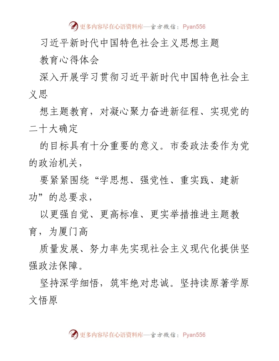[发言] 主题教育读书班 - 深入学习习近平新时代中国特色社会主义思想，推动政法工作高质量发展.docx_第1页
