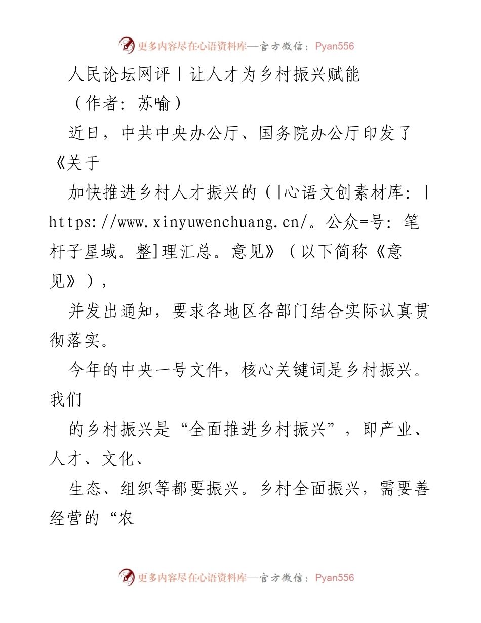 [发言] 乡村振兴政策解读 - 人才赋能乡村振兴的关键路径.docx_第1页