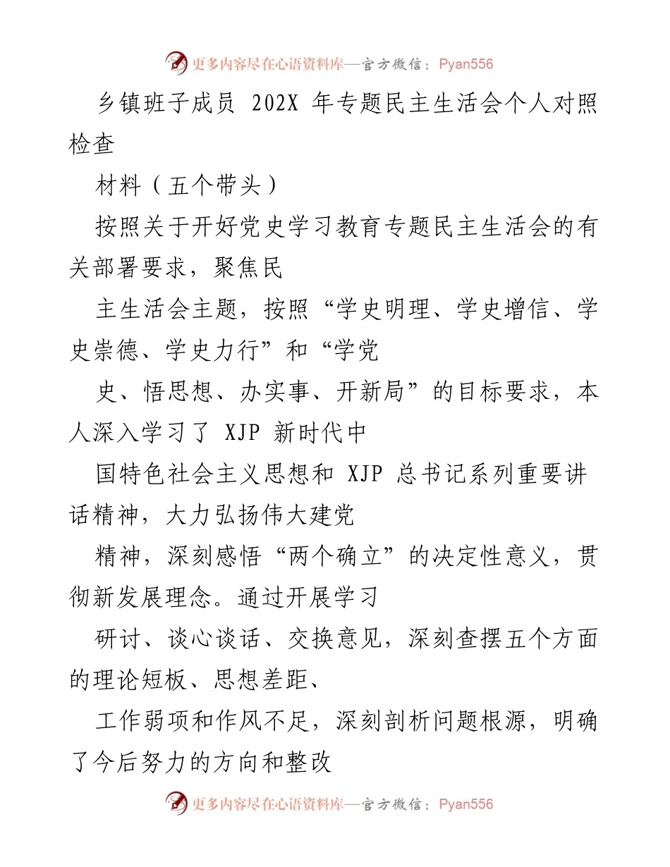 [发言] 乡镇班子成员专题民主生活会 - 个人对照检查与整改措施总结_1.docx_第1页