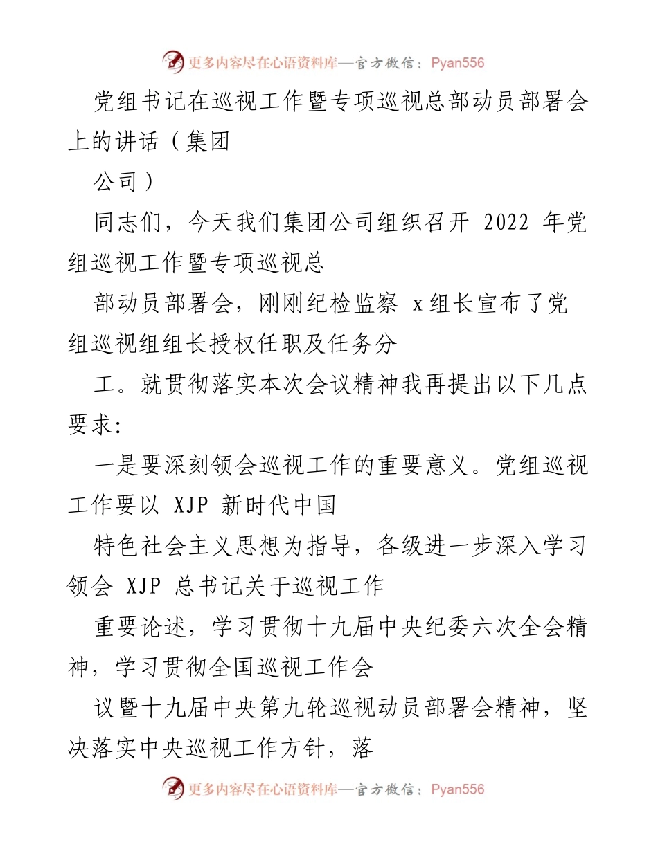 [发言] 会议 - 党组巡视工作动员部署会讲话.docx_第1页