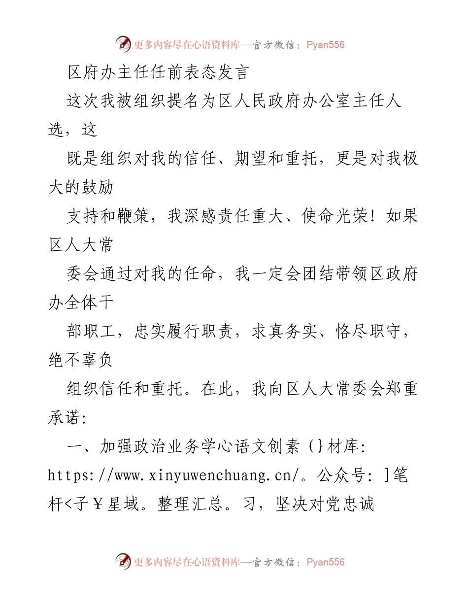 [发言] 任前表态 - 区府办主任任前表态发言：坚定信念、服务大局、廉洁自律.docx_第1页