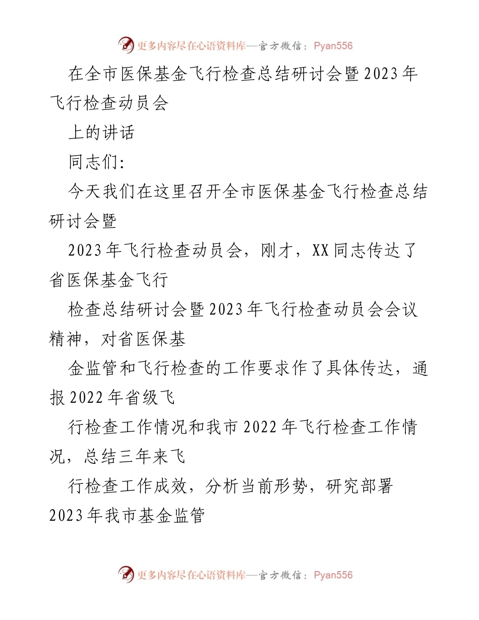 [发言] 会议 - 全市医保基金飞行检查工作总结与动员讲话.docx_第1页