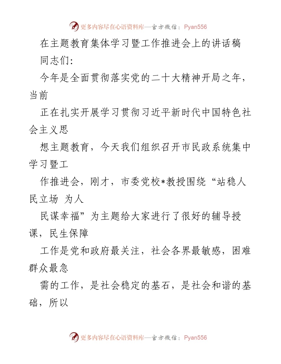 [发言] 主题教育集体学习暨工作推进会 - 加强民生保障，推动民政工作新发展_1.docx_第1页