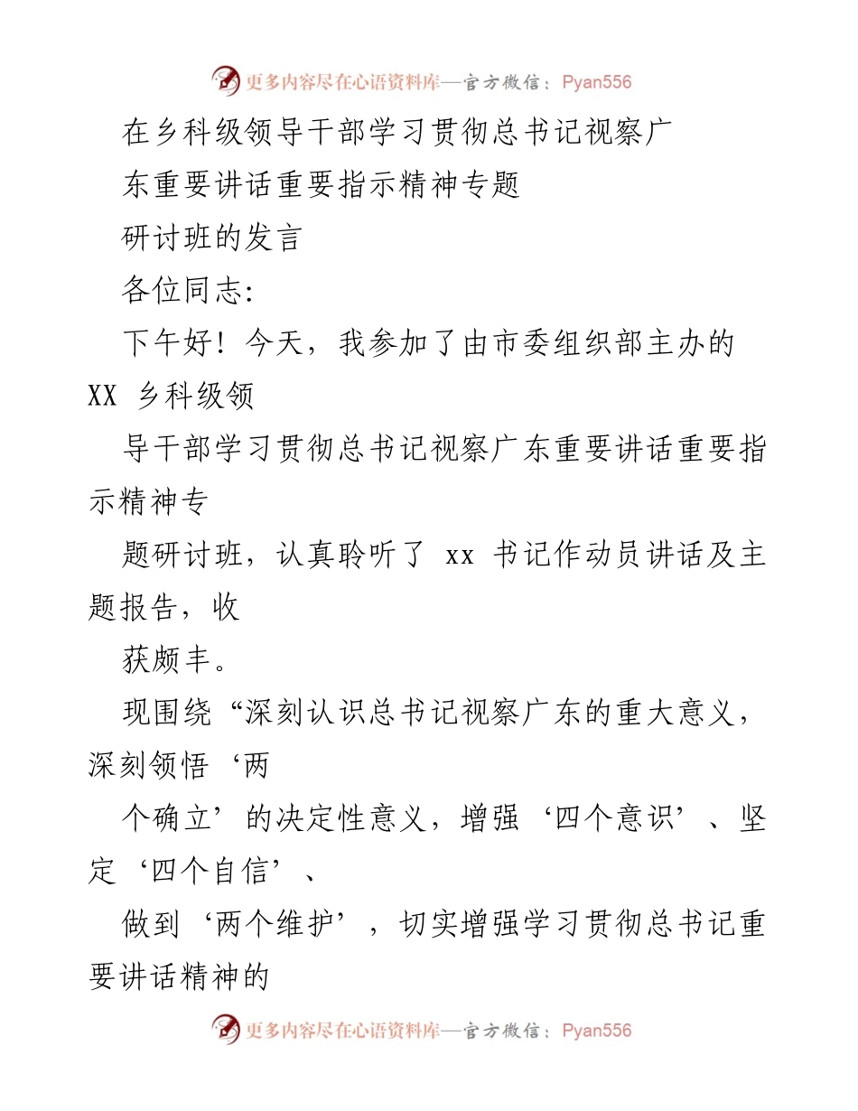 [发言] 乡科级领导干部学习贯彻总书记视察广东讲话精神专题研讨班 - 深刻领会总书记视察广东讲话精神，推动政法工作高质量发展.docx_第1页