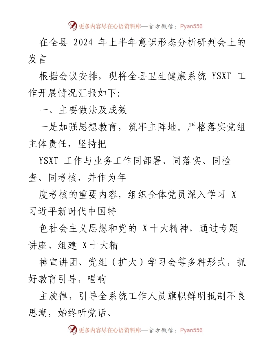 [发言] 会议 - 全县卫生健康系统YSXT工作开展情况汇报与风险隐患分析.docx_第1页