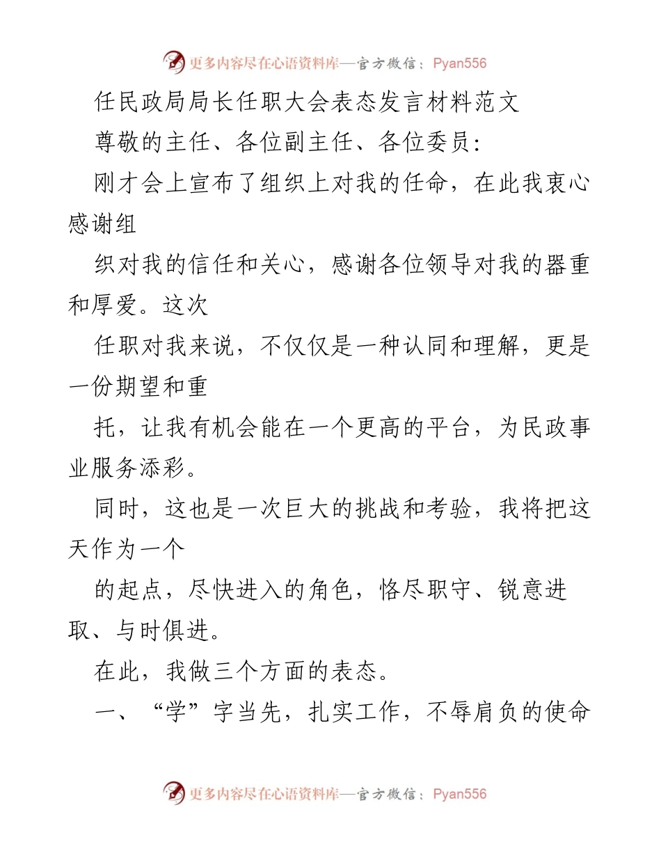 [发言] 任职大会 - 任民政局局长的表态发言材料.docx_第1页