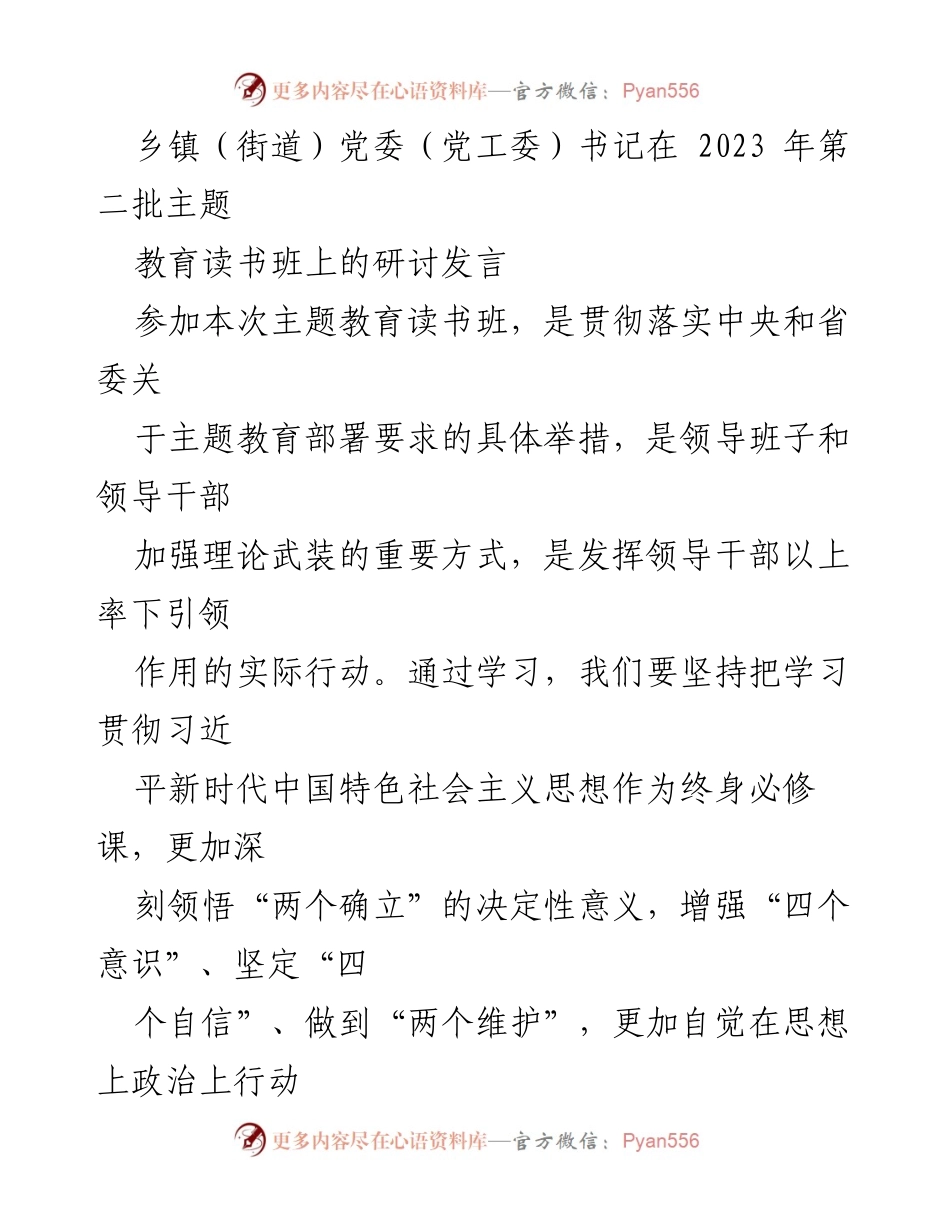 [发言] 乡镇（街道）党委（党工委）书记研讨 - 深化理论学习，推动主题教育落实与高质量发展.docx_第1页