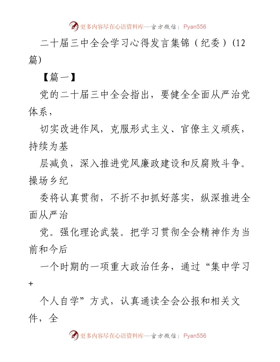 [发言] 二十届三中全会学习心得 - 深入推进全面从严治党的实践与思考.docx_第1页