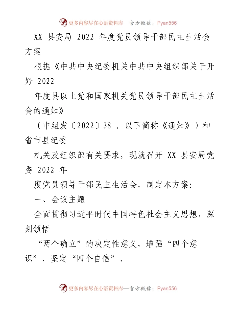 [发言] 会议 - XX 县安局 2022 年度党员领导干部民主生活会方案.docx_第1页