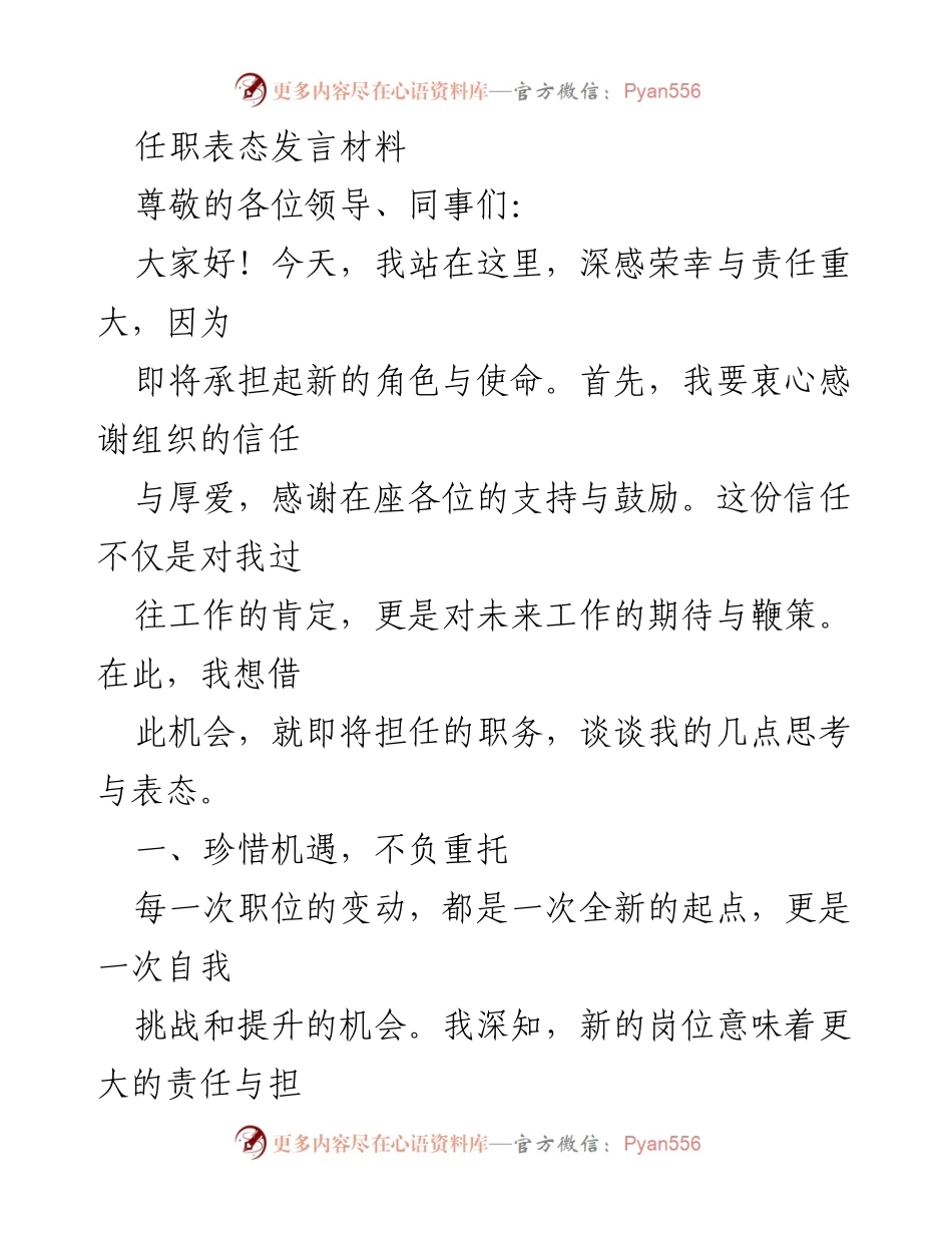 [发言] 任职表态 - 新任职务表态发言的决心与承诺.docx_第1页