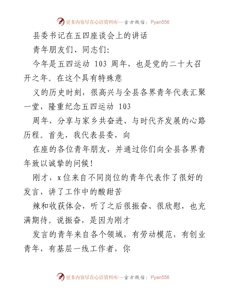 [发言] 五四座谈会 - 弘扬五四精神，激励青年担当使命.docx_第1页