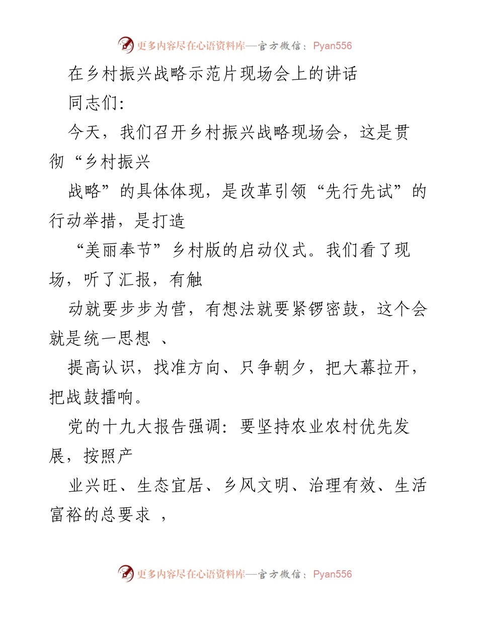 [发言] 乡村振兴战略示范片现场会 - 乡村振兴战略的实施与思考.docx_第1页
