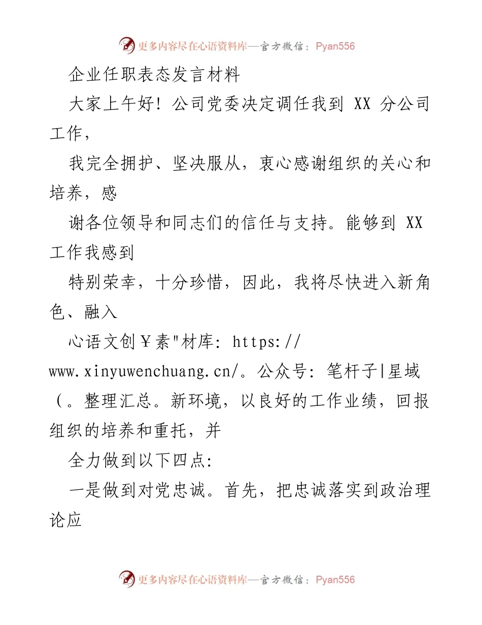 [发言] 企业任职 - 新任职表态发言：忠诚、发展、廉洁与团结.docx_第1页
