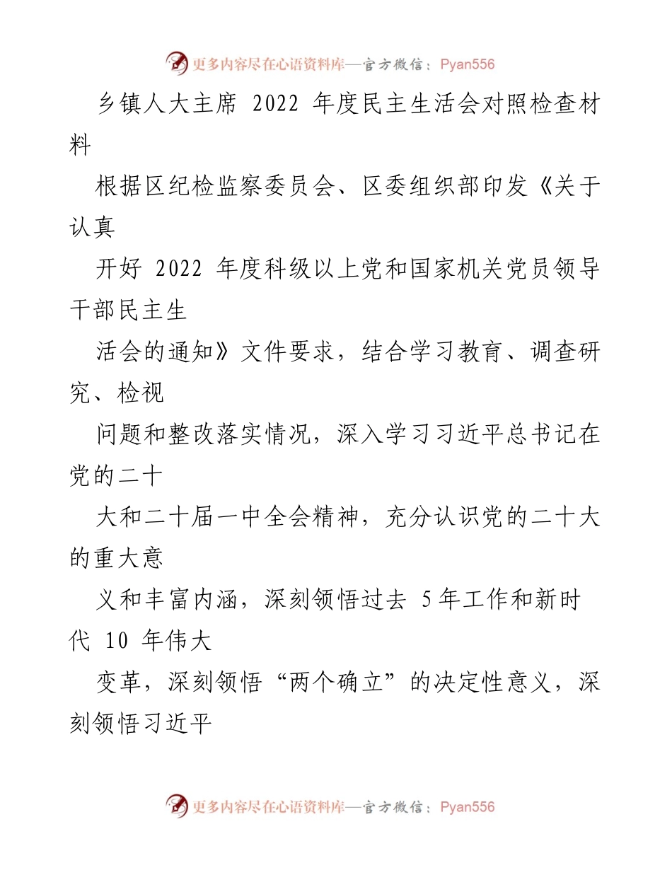 [发言] 乡镇人大主席年度民主生活会 - 2022年度民主生活会对照检查材料总结.docx_第1页