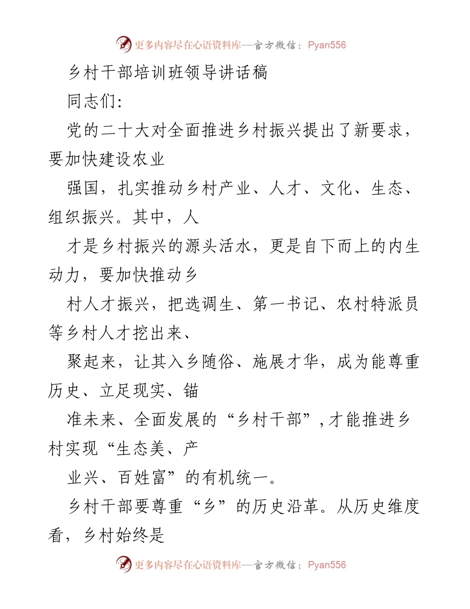 [发言] 乡村干部培训班 - 乡村振兴与人才培养的重要性.docx_第1页