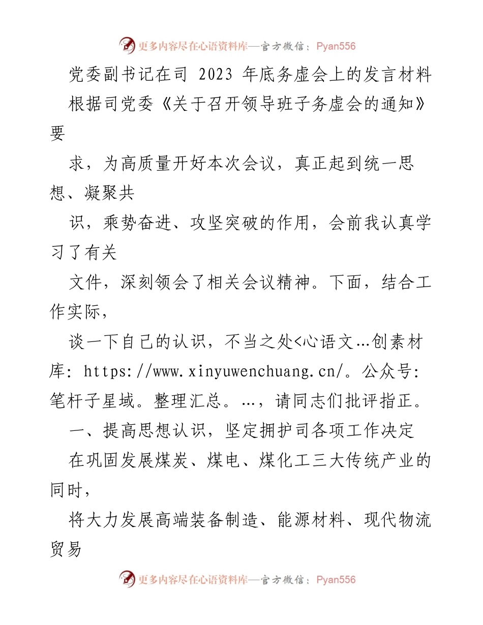 [发言] 会议 - 党委副书记在2023年底务虚会上的发言总结与反思.docx_第1页