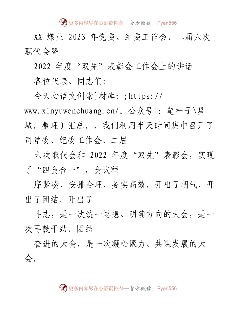 [发言] 会议 - 2023年XX煤业党委、纪委工作会暨职代会总结与展望.docx_第1页