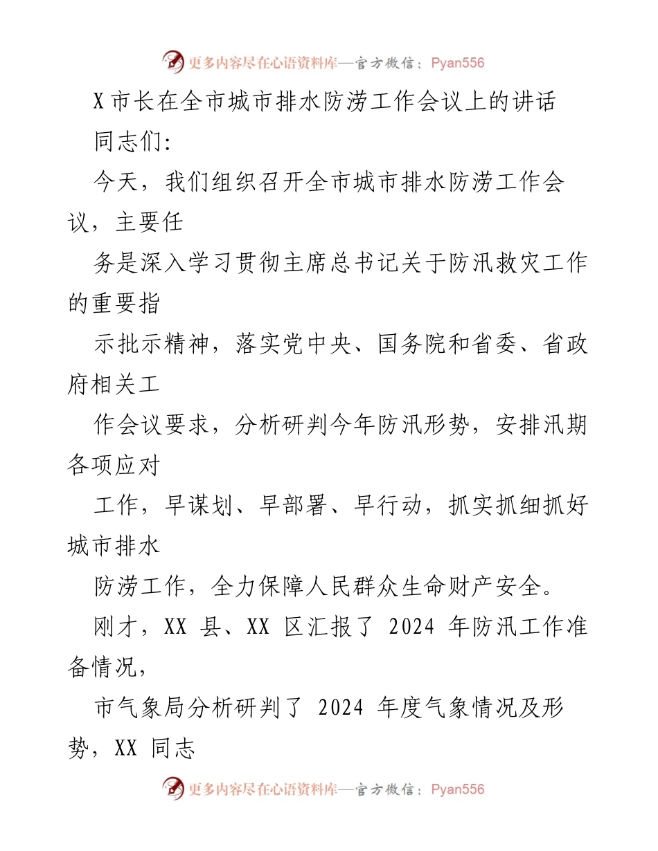 [发言] 会议 - 全市城市排水防涝工作会议讲话.docx_第1页