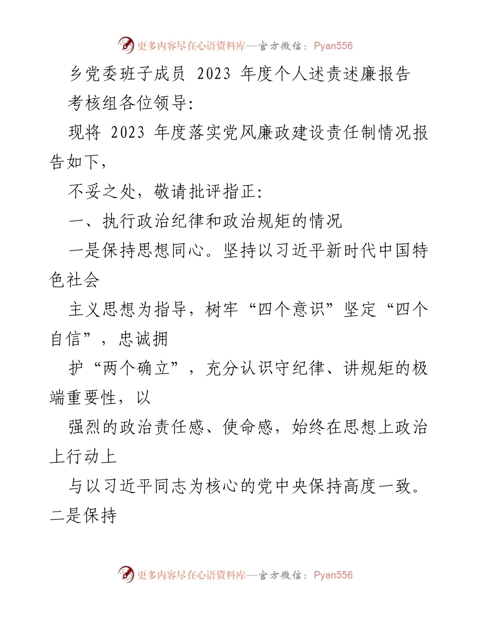 [发言] 乡党委年度考核 - 2023年度个人述责述廉报告.docx_第1页