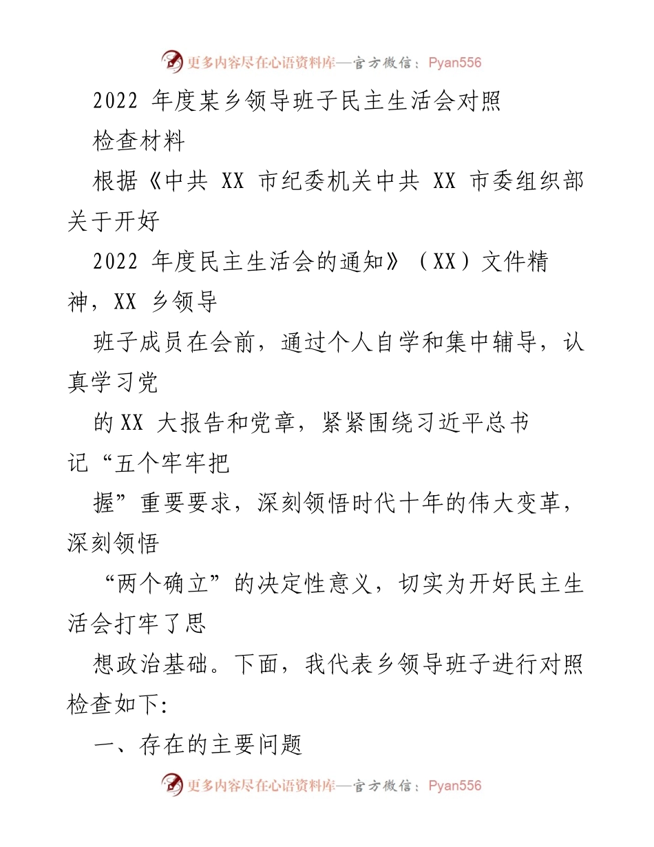 [发言] 乡领导班子民主生活会 - 2022年度民主生活会对照检查材料总结.docx_第1页