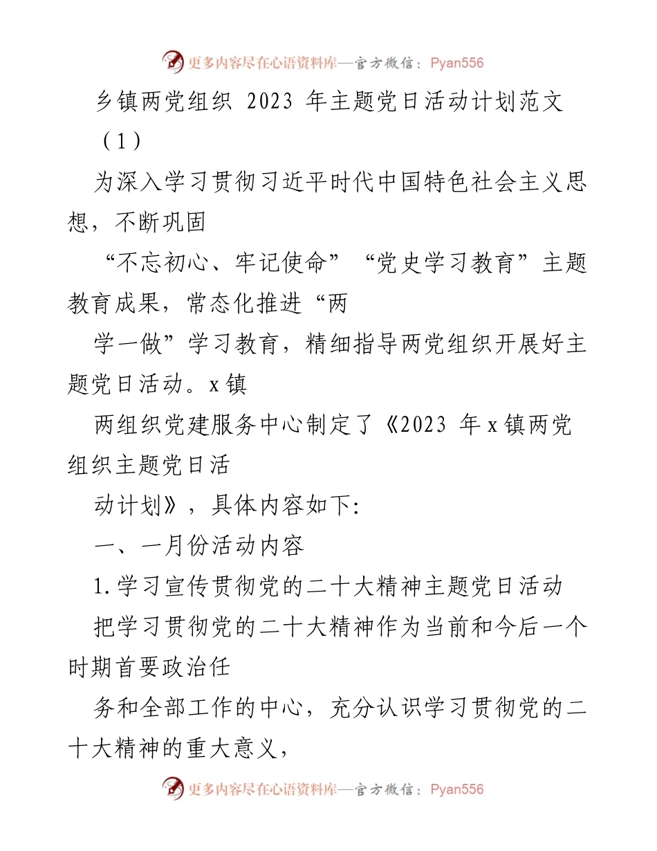 [发言] 乡镇两党组织 - 2023年主题党日活动计划概述.docx_第1页